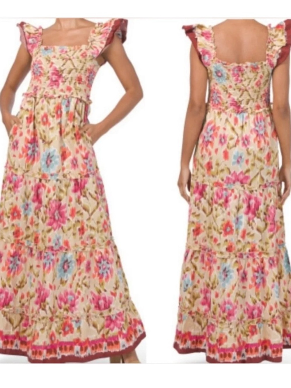 House of Harlow 1960 Floral Smocked Maxi Dress in Cream, Pink & Blue